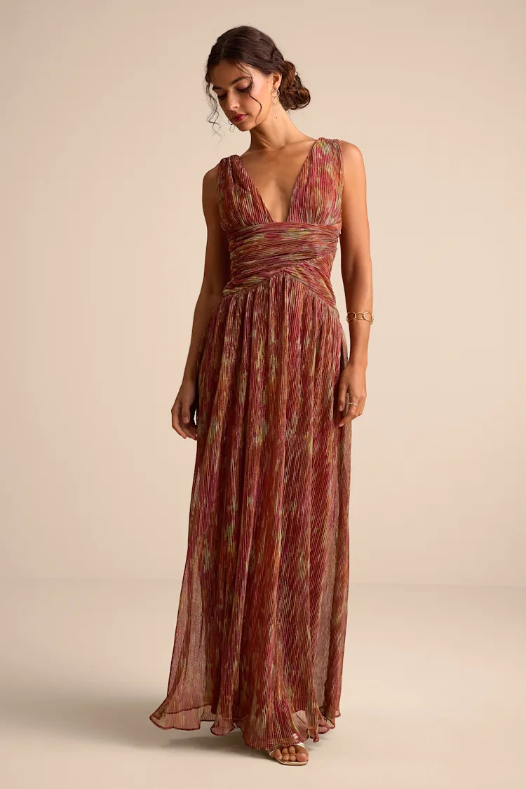 Evaluna Rust Abstract Plisse Sleeveless Maxi Dress | Lulus