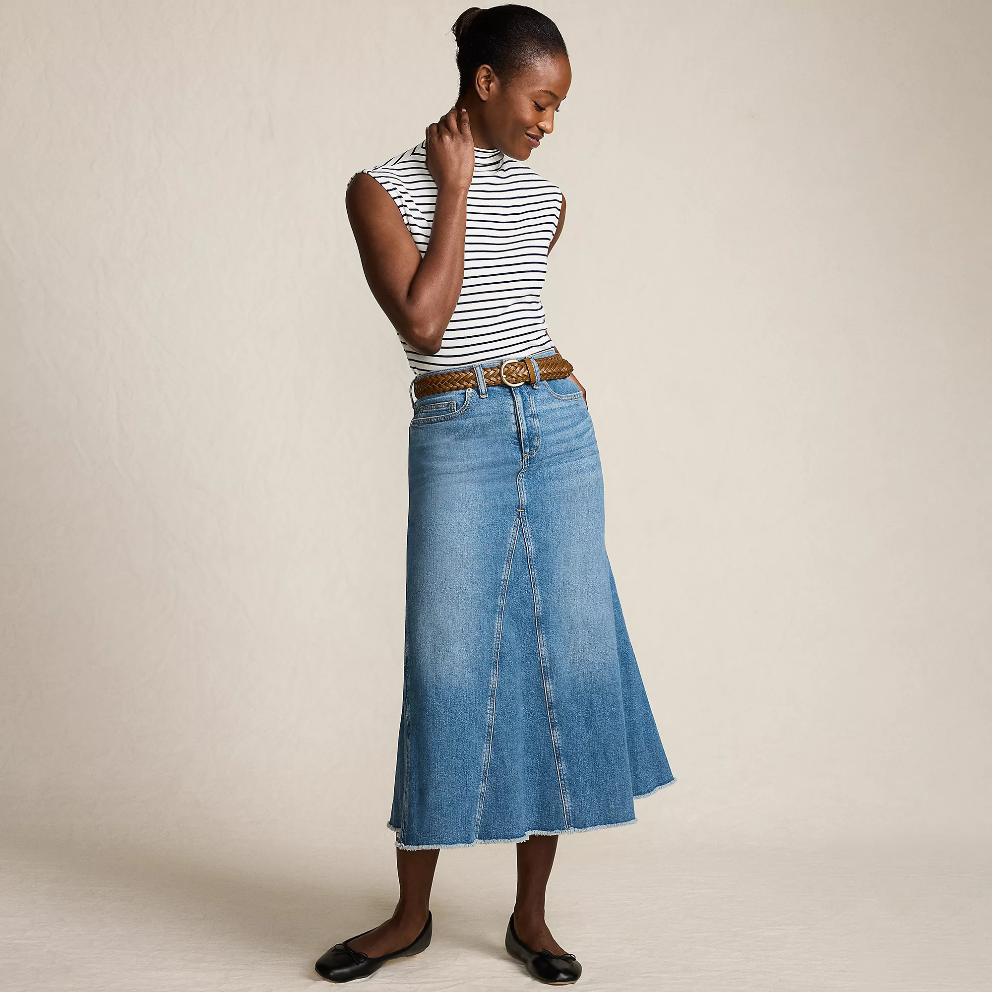 Women's Soft Denim Godet Midi Skirt | Lands' End (US)