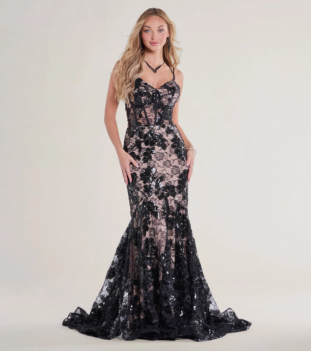 Daniella Bustier Lace-Up Lace Sequin Mermaid Gown | Windsor Stores