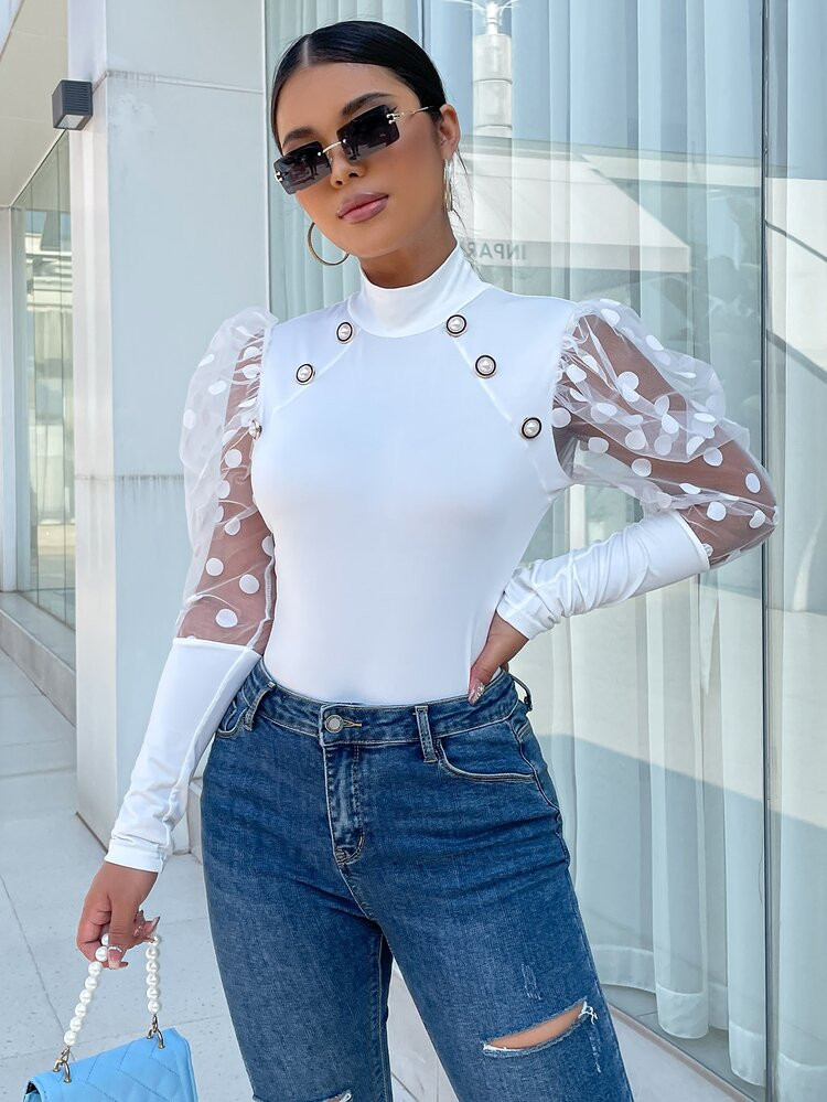 SHEIN SXY Contrast Dobby Mesh Gigot Sleeve High Neck Bodysuit | SHEIN