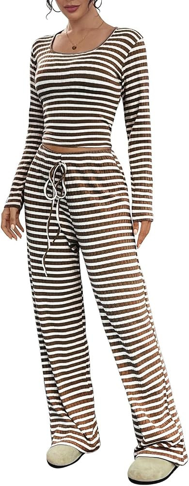 Xixiuly Women's Striped 2 Piece Lounge Sets Outfits Slim Square Neck Long Sleeve Tops Wide Leg Pa... | Amazon (CA)