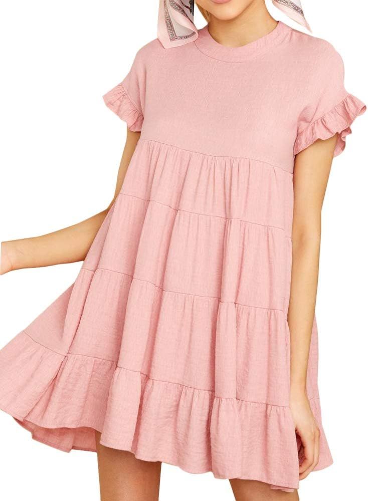 Women’s O Neck Ruffle Short Sleeve Tiered Casual Mini Dress | Amazon (US)