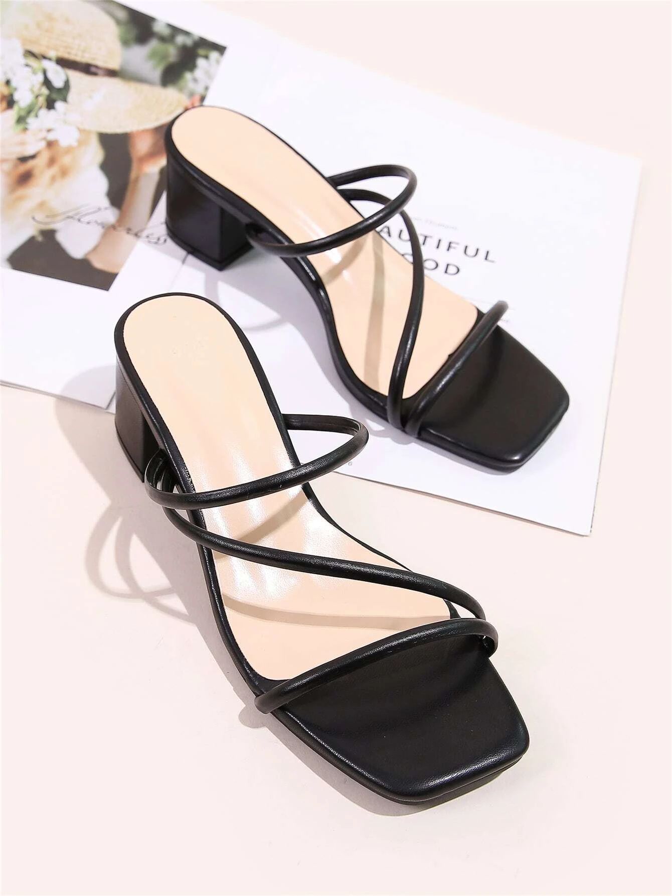 Open Toe Strappy Chunky Heeled Mule Sandals | SHEIN