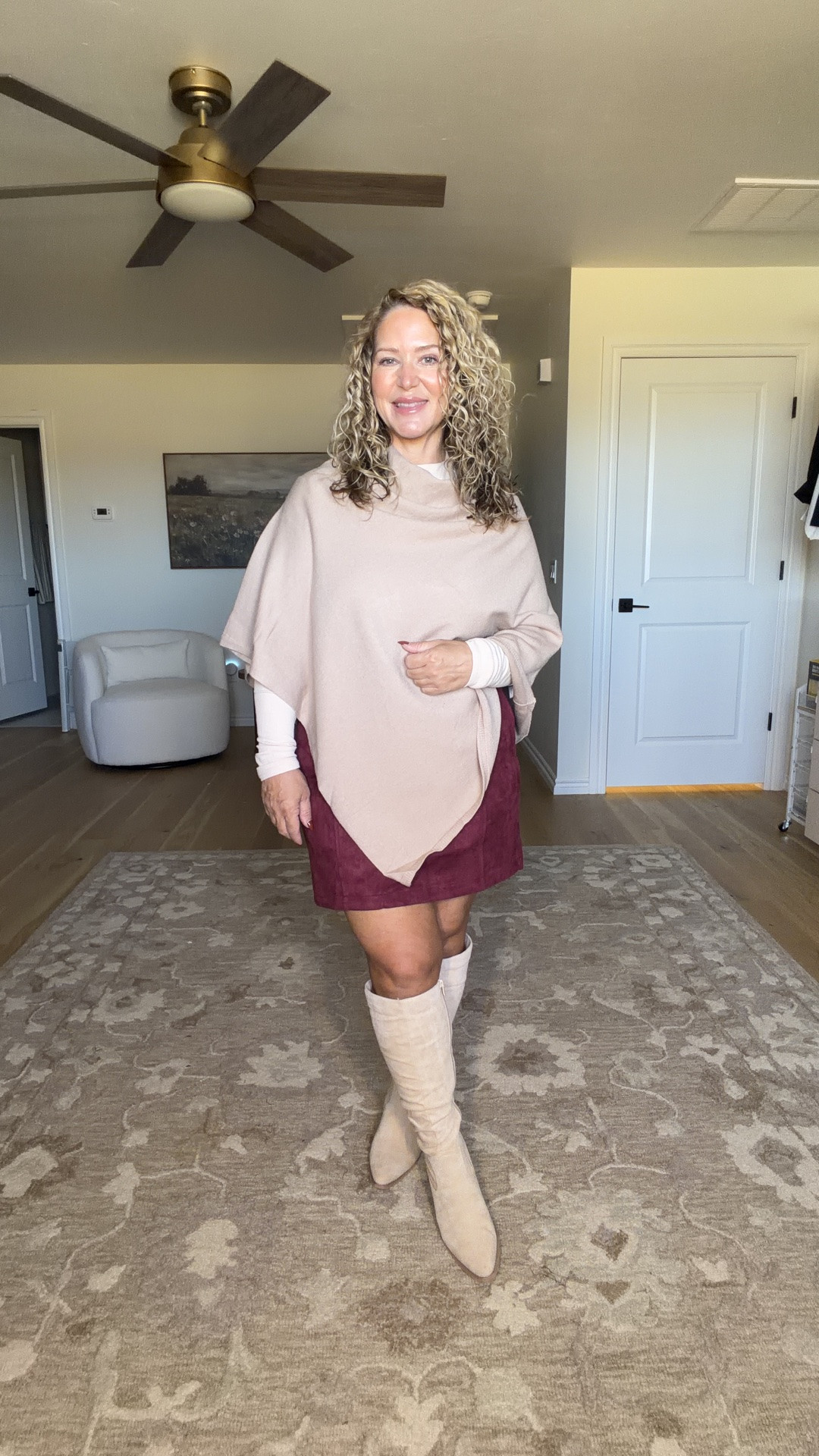 Size large in everything except the red sweater is a medium. 
Boots tts