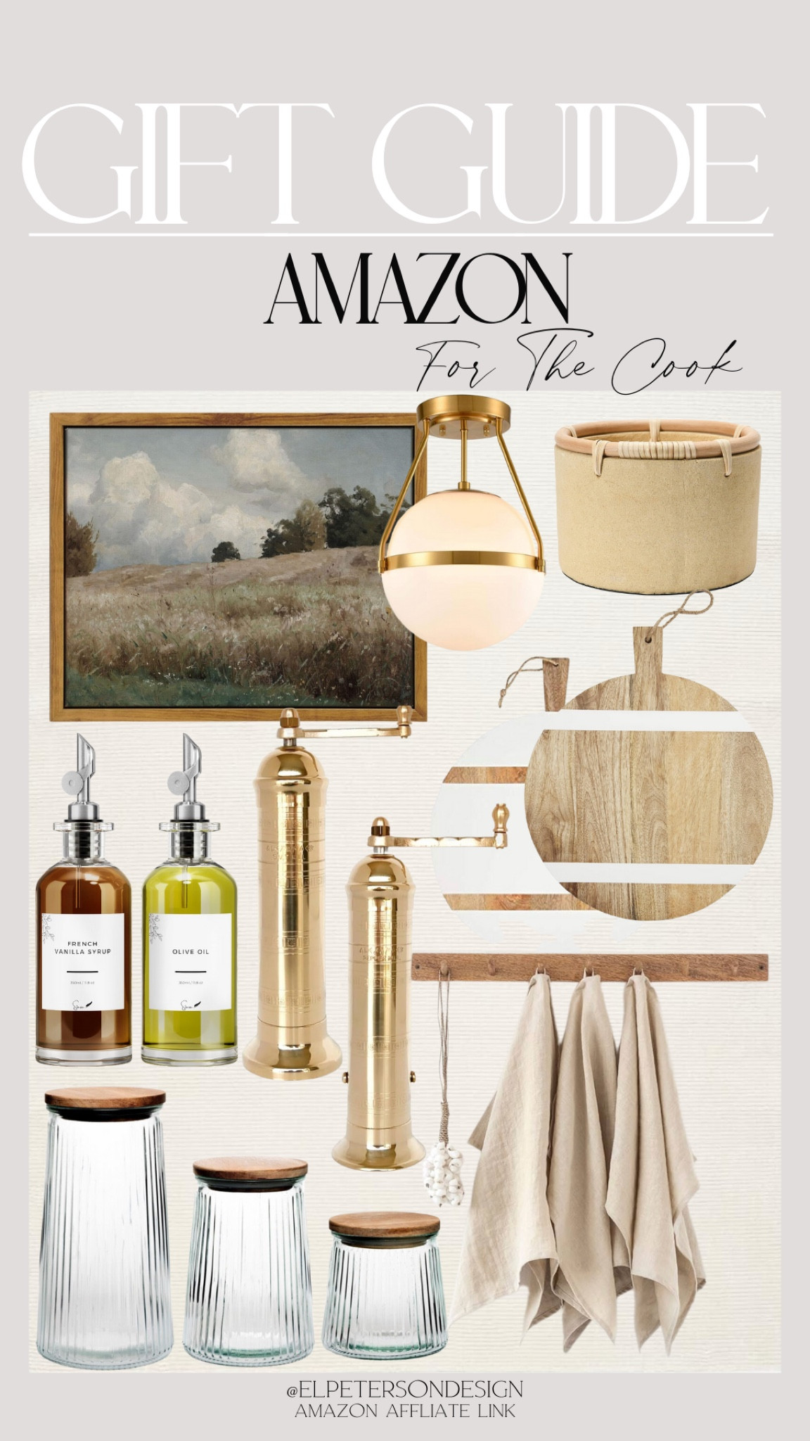 Pepper grinder
Salt grinder
Artwork
Oil and vinegar dispenser 
Kitchen therms
Flush mount light
Chopping board
Glass container
Stone bowl

#LTKGiftGuide