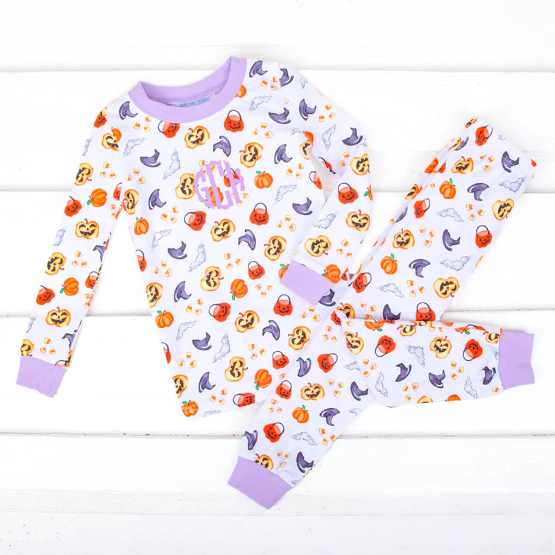 Halloween Print Pajamas Purple Trim | Classic Whimsy