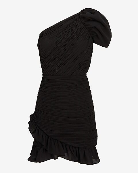 One Puff Shoulder Ruched Ruffle Mini Sheath Dress | Express