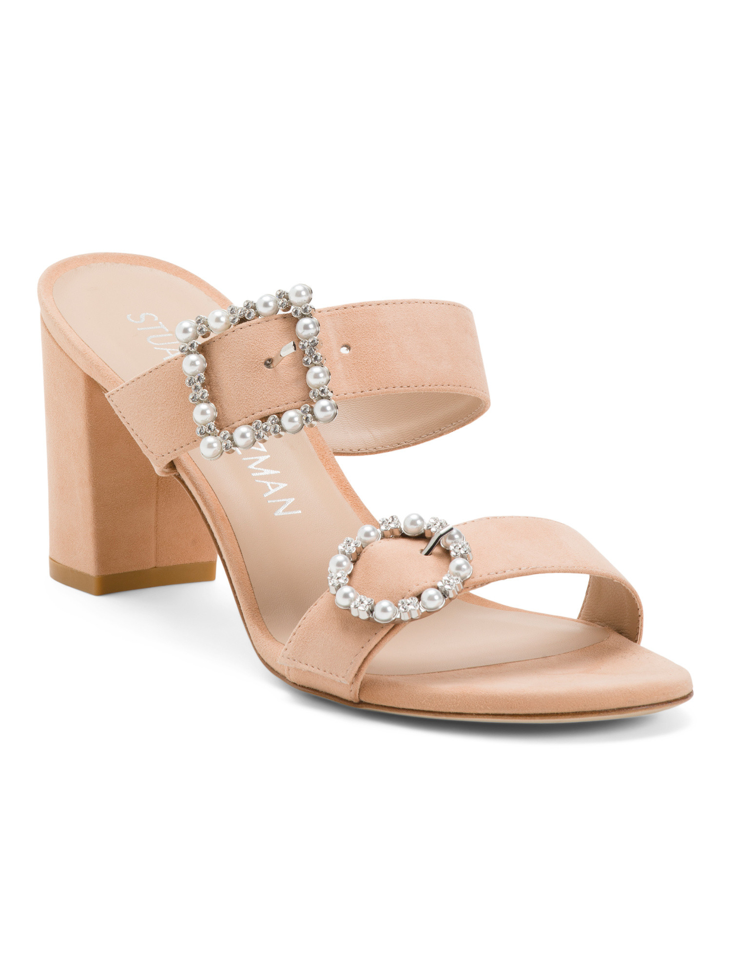 Made In Spain Suede Faux Pearl Geo Buckle Heeled Sandals | TJ Maxx