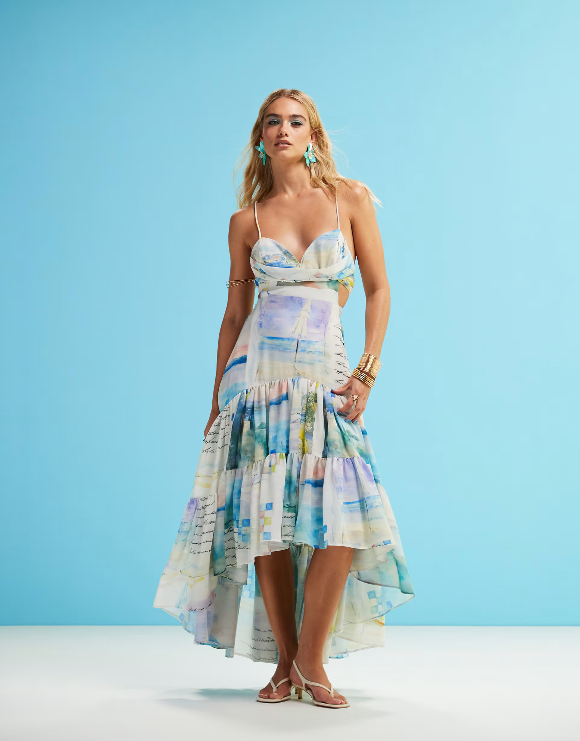 ASOS DESIGN dropped waist maxi with high low hem in washed postcard print | ASOS (Global)