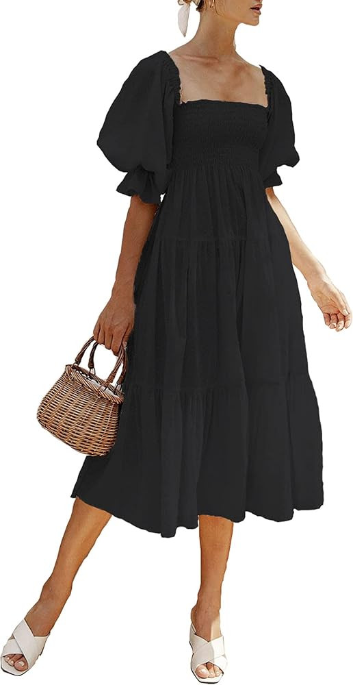 UIMLK Boho Flowy Puff Sleeve Cottagecore Ruffle Smocked Maternity Off Shoulder Midi Dress | Amazon (US)