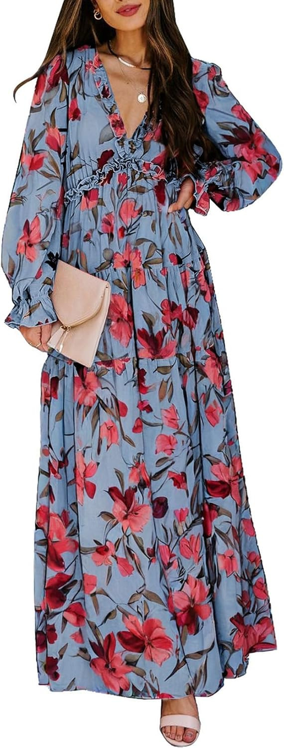 BLENCOT Womens Casual Boho Floral Deep V Neck Long Sleeve Maxi Dress | Amazon (US)