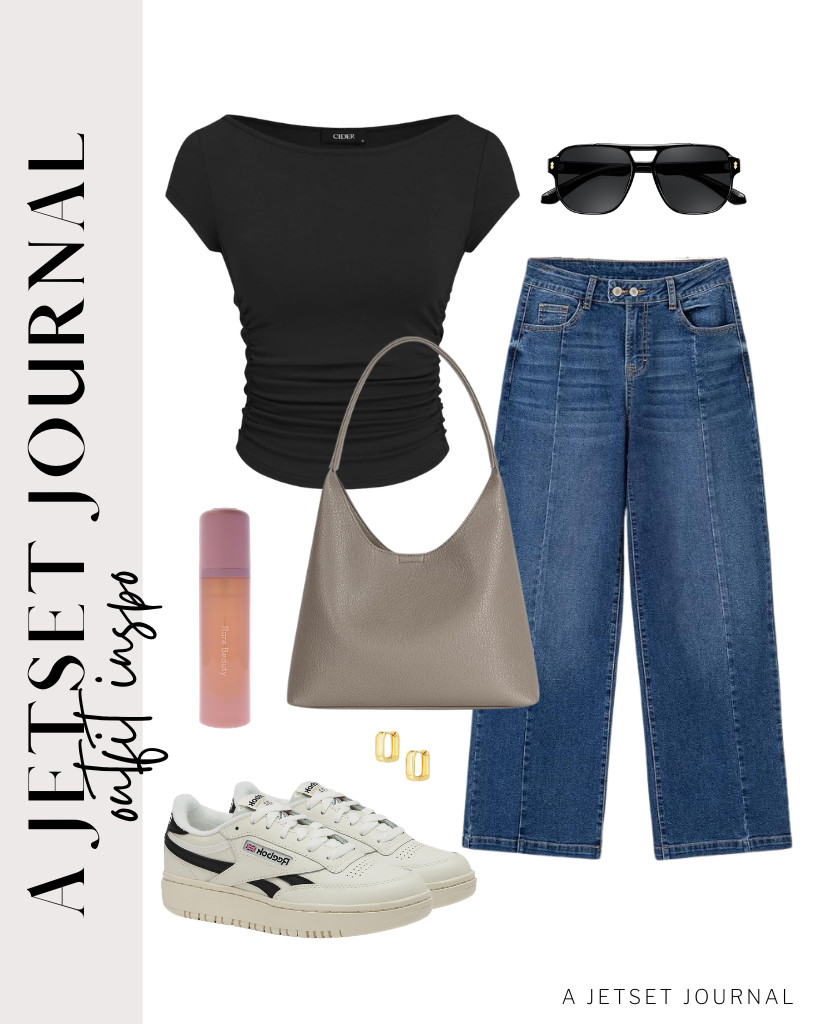 A combo of a CIDER ruched fitted tee and Sidefeel high-waisted baggy jeans is our last outfit. You can style it with Reebok platform tennis shoes and FEISEDY vintage sunnies. Grab this slouchy shoulder bag and finish the look with Rare Beauty's fragrance mist.

#LTKSeasonal #LTKSaleAlert #LTKTravel
 

 