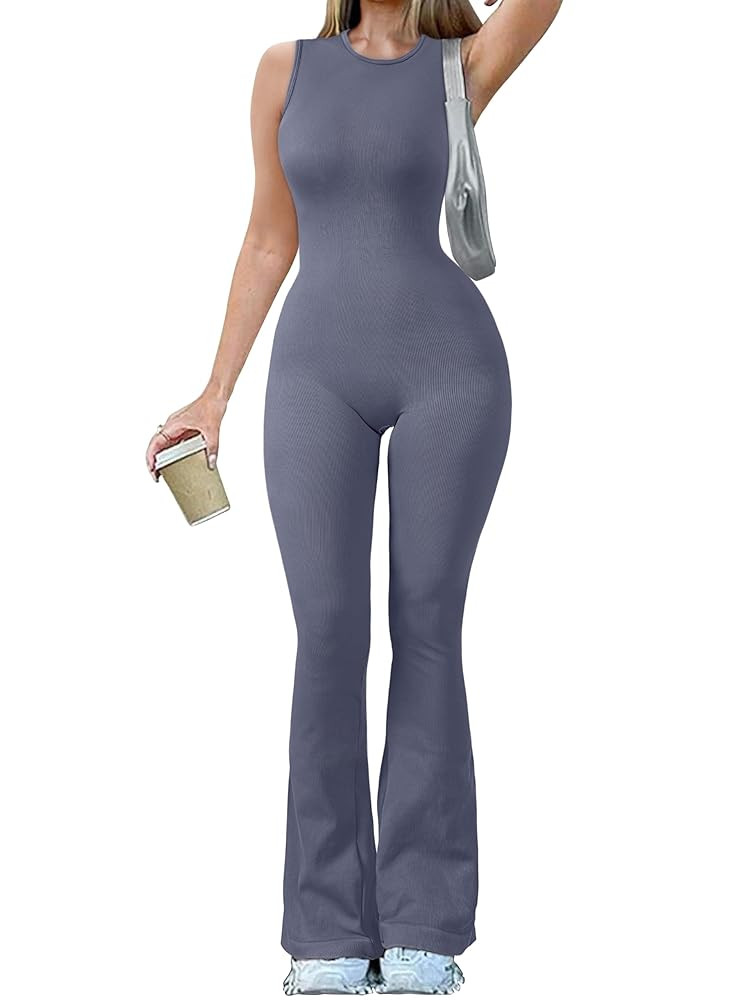 OQQ Women Yoga Jumpsuits Ribbed Crew Neck Sleeveless Bell Bottoms Flare Jumpsuits | Amazon (US)
