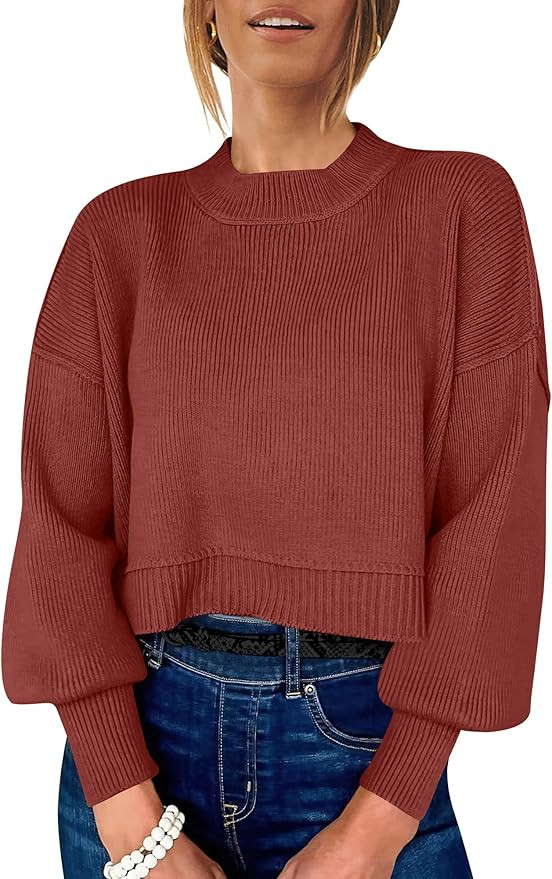 ANRABESS Women Crewneck Cropped Sweater Batwing Sleeve 2023 Fall Oversized Side Slit Ribbed Knit ... | Amazon (US)