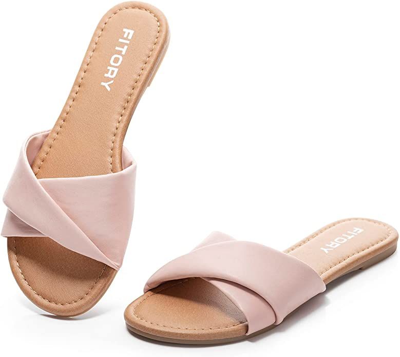 FITORY Women's Flat Sandals Fashion Slides With Soft Leather Slippers for Summer Size 6-11 | Amazon (US)