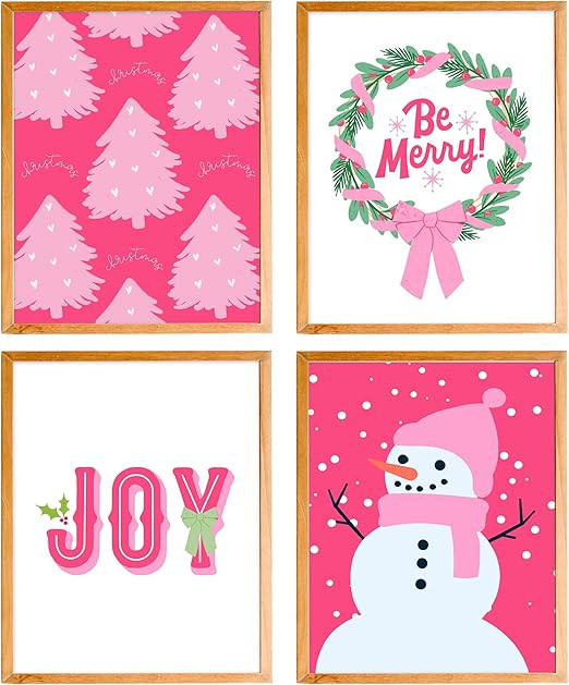 BearCake Christmas Winter Wall Art,Pink Snowman Snowflake Posters Wall Art Prints,Christmas Wreat... | Amazon (US)