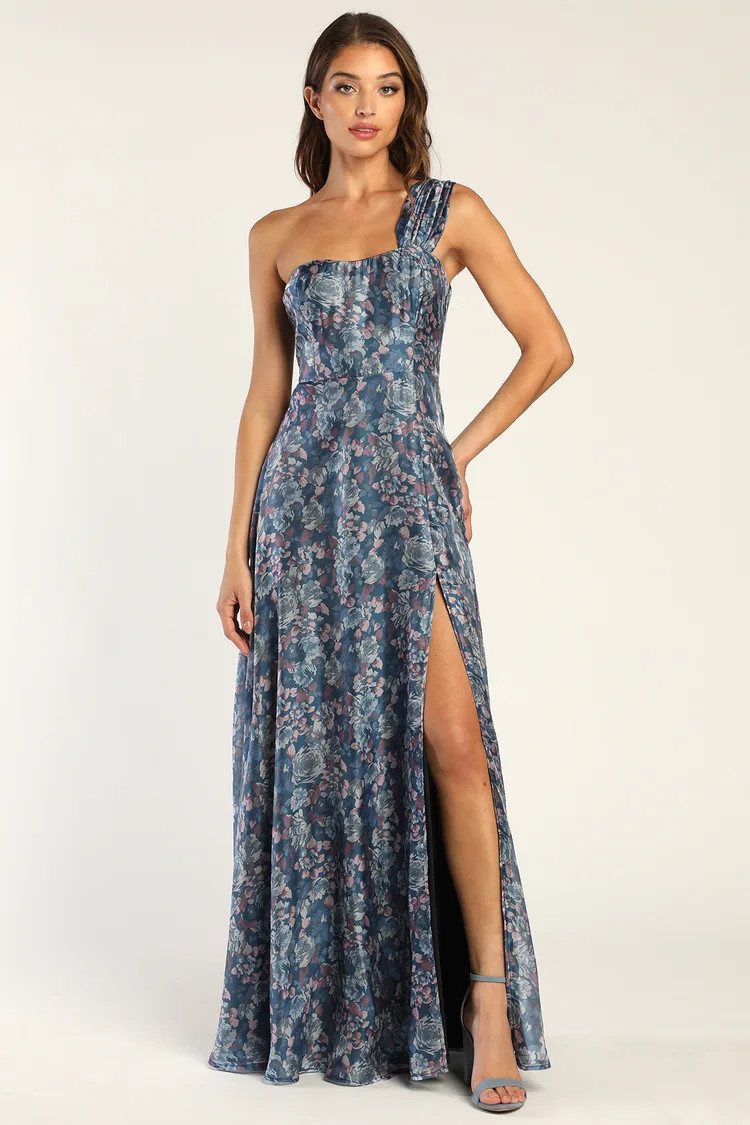 Happily Mine Slate Blue Floral Print One-Shoulder Maxi Dress | Lulus (US)