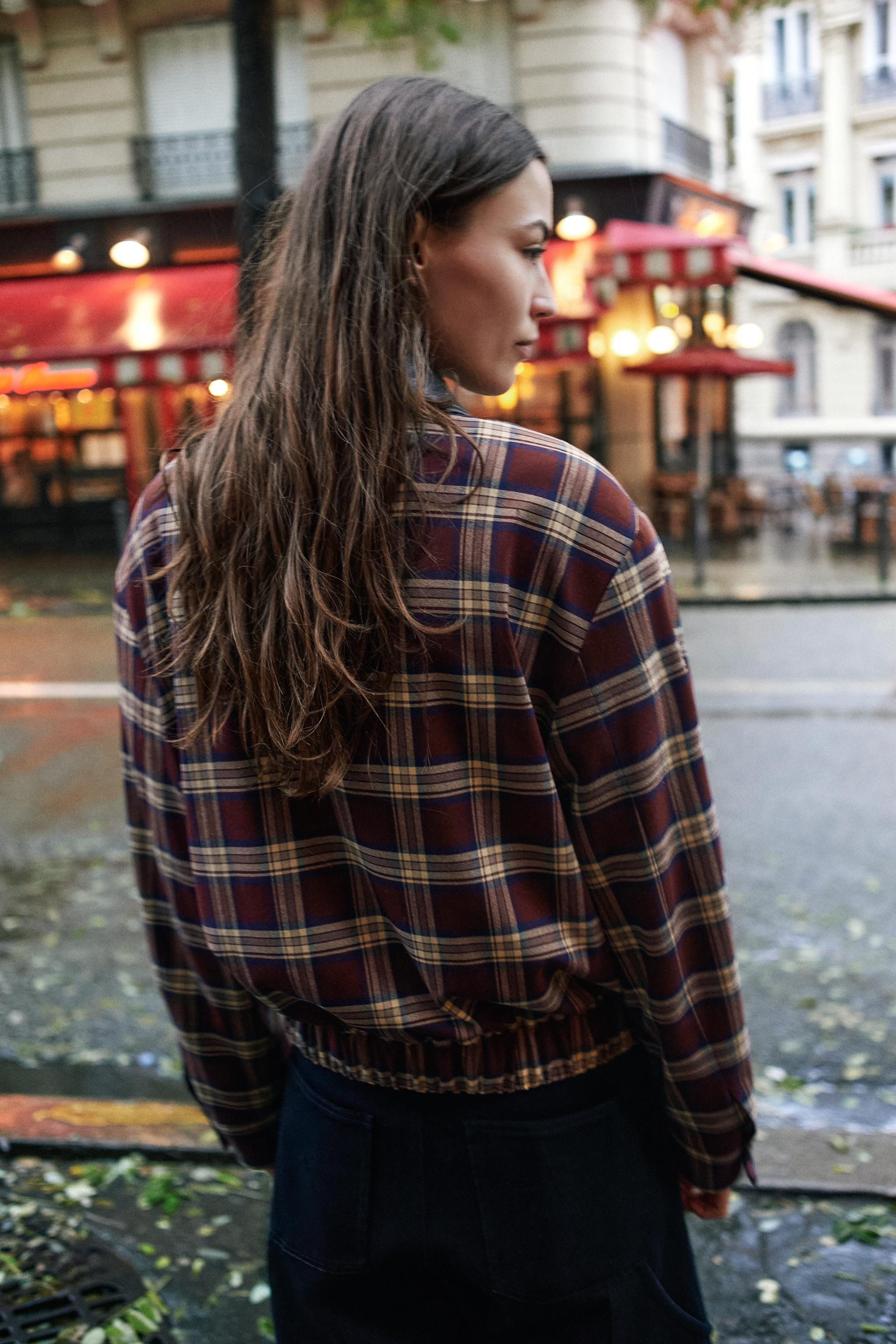 CHECKED BOMBER JACKET WITH leather effect LAPEL | Zara UK