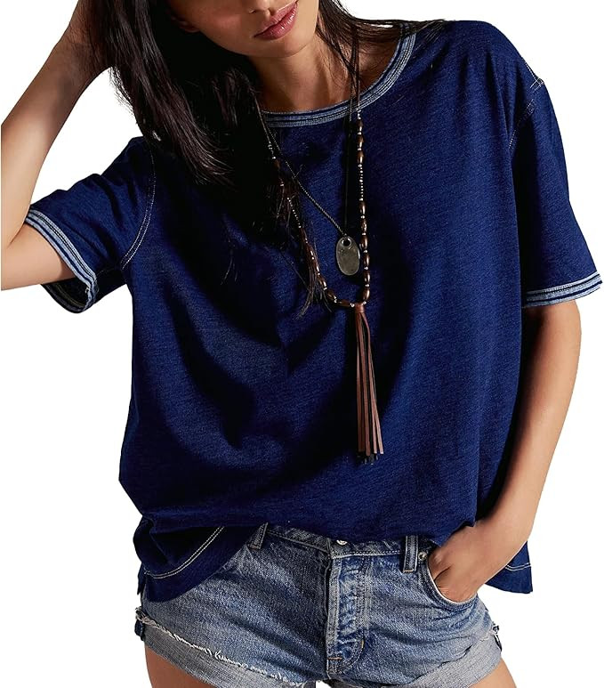 Oversized Tshirts for Women Casual Vintage Short Sleeve Crew Neck Tops Cotton Striped Trim Loose ... | Amazon (US)