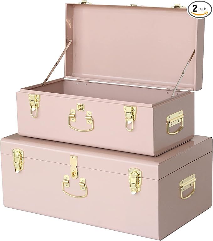 Vixdonos Decorative Metal Box Storage Trunks Set of 2 College Dorm Chest with Handle (Pink) | Amazon (US)