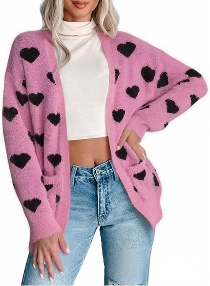 Women's Heart Knit Cardigan Valentines Long Sleeve Open Front Knitted Sweater Fall Spring Coat To... | Amazon (US)