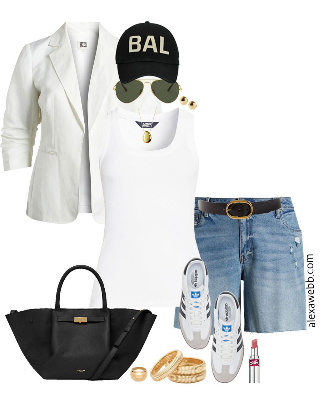 Plus Size White Linen Blazer Outfits - A cute plus size casual outfit for spring and summer with a plus size white linen blazer. Make it a sporty outfit with denim shorts, adidas sneakers, aviator sunglasses, and a baseball cap. Alexa Webb

#LTKPlusSize #LTKSeasonal #LTKStyleTip