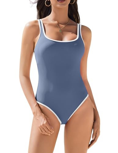 AI'MAGE Womens One Piece Swimsuit Ribbed High Cut Bathing Suit Color Block Sport Swimwear with Ad... | Amazon (US)