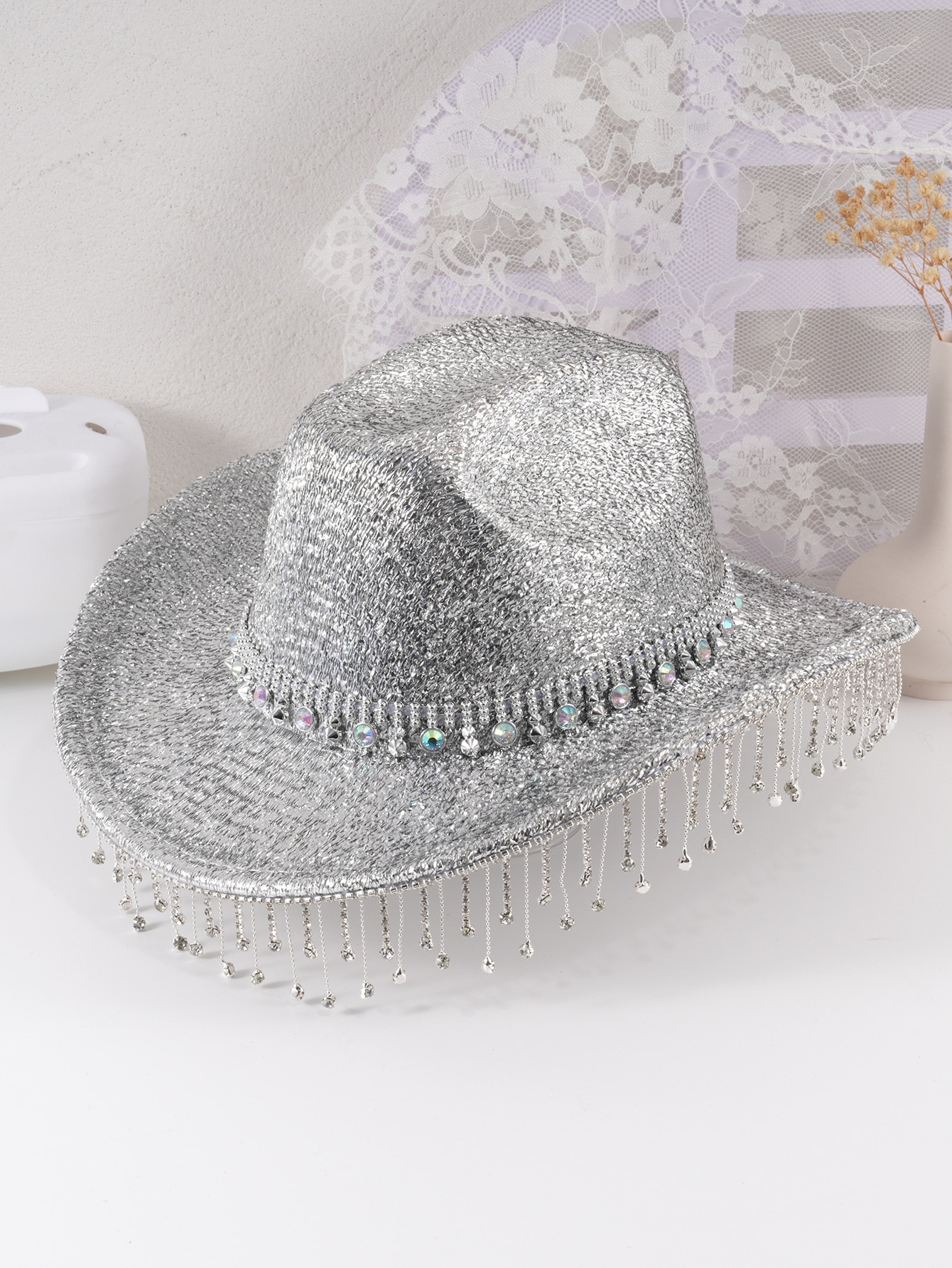 1pc Rhinestone Cowgirl Hat Women's Silver Fringed Rhinestone Glittering Stage Performance Sun Pro... | SHEIN