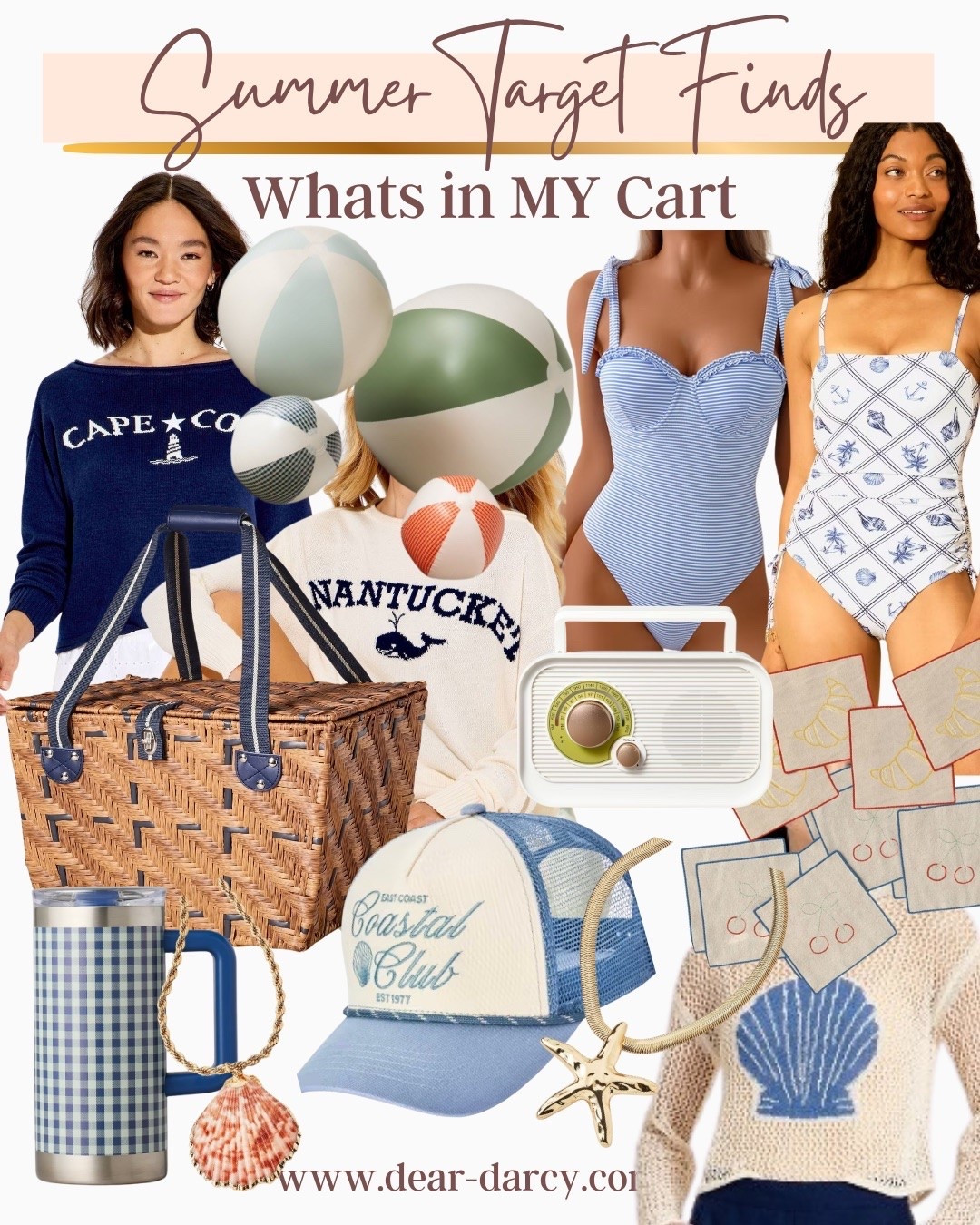 What’s in my cart Target 🎯 

Coastal American summer vibes 

Perfect summer items for home and your wardrobe you’ll love!

Here’s what’s in my cart 

Cute summer sweater cape code & Nantucket 

Onepieces swimsuits very coastal 

The cutest picnic basket 

Light blue ball cap 
Blue gingham steel tumbler 

Gingham beach balls 

Vintage radio speaker 

Linen coasters or cocktail napkin  

Star fish and shell necklace

#LTKHome #LTKSwim #LTKSaleAlert