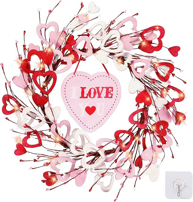 Sggvecsy 18’’ Valentine's Day Wreath Handmade Wood Heart Shaped Wreath with LED Lights Red Pi... | Amazon (US)