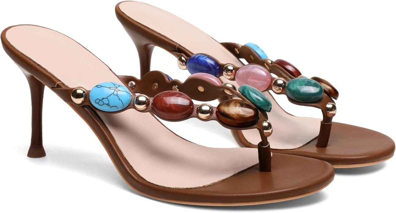 Women's Jeweled Thong Strappy Sandal Summer Mules Kitten Heels Flip Flop Round Open Toe Mid Heels... | Amazon (US)