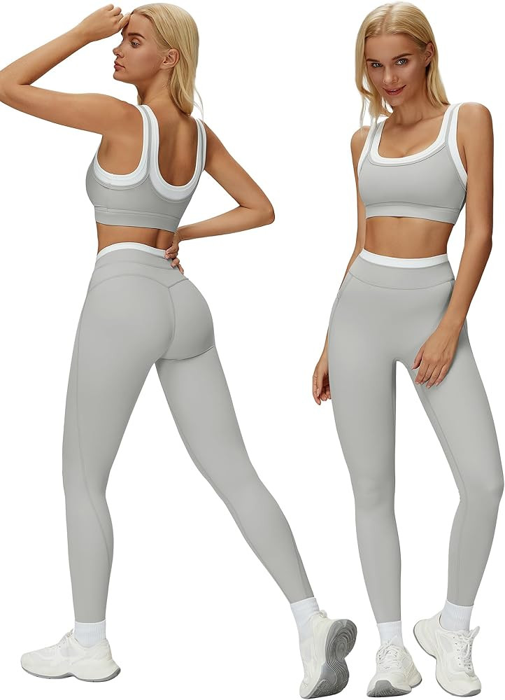 ABOCIW Two Piece Workout Sets for Women Layer Sports Bra Tummy Control High Wait Leggings Gym Yog... | Amazon (US)