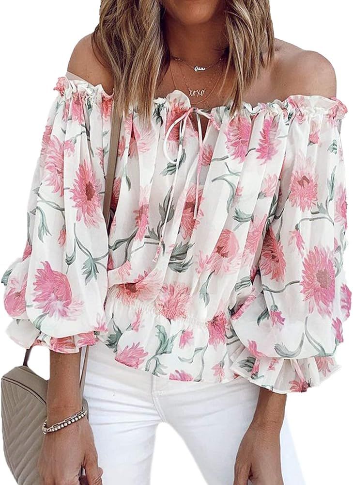 BLENCOT Womens Summer Tops Sexy Off Shoulder Front Knot Ruffled Blouses Casual 3/4 Sleeve Floral ... | Amazon (US)