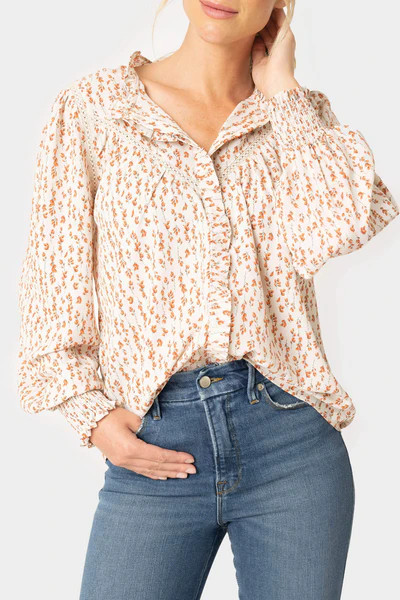 Long Sleeve Crochet Trim Blouse with Ruffle | Gibson