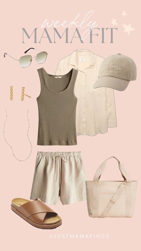 Weekly mama fit! 

H&M fashion, mama outfits, mom fits, California hat, tank top, comfy shorts, canvas bag, beach button up, dainty jewelry, earrings, necklace, sunglasses, neutral fashion 

#LTKStyleTip #LTKFindsUnder50 #LTKShoeCrush