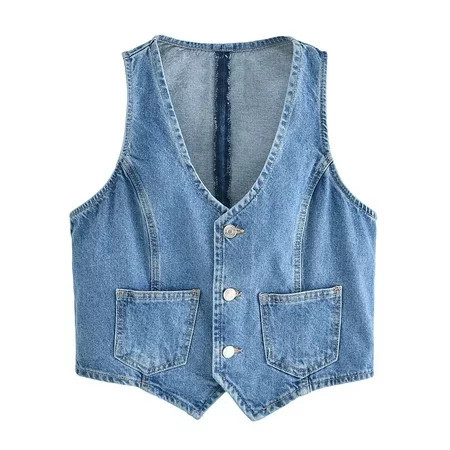 Women s Sleeveless Denim Vest V Neck Button Down Lightweight Jean Waistcoat Jacket | Walmart (US)
