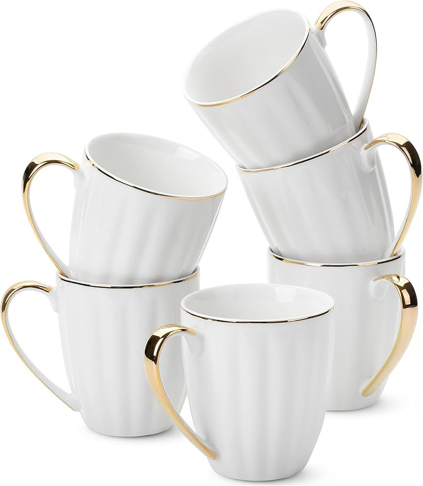 BTaT- White Coffee Mugs, Set of 6, 12oz, White Porcelain with Gold Trim Coffee Mug Set, Hot Choco... | Amazon (US)