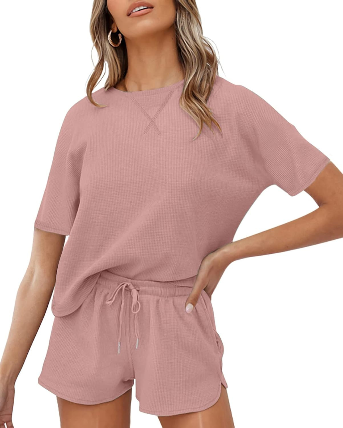 ZESICA Women's Waffle Knit Pajama Set Short Sleeve Top and Shorts Loungewear Athletic Tracksuits ... | Amazon (US)