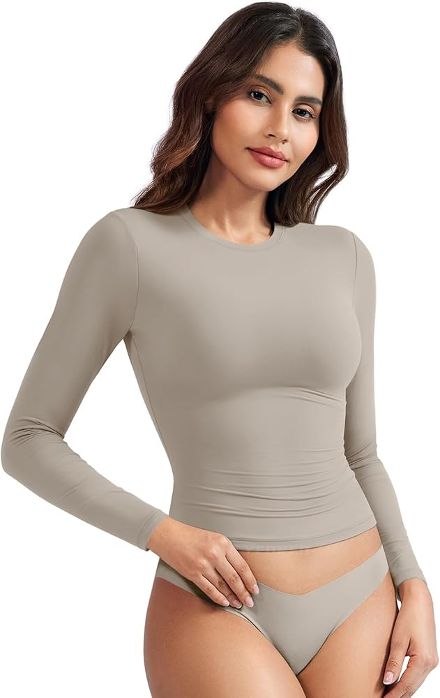 YEOREO Long Sleeve Shirts for Women y2k Tops Double Lined Basic Tee Crew Neck Going Out Sweeney W... | Amazon (US)