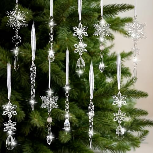 18PCS Crystal Christmas Ornaments for Tree Decorations Hanging Acrylic Christmas Snowflake Icicle Crystal Ornament for Xmas Tree, Winter Holiday Wonderland | Amazon (US)