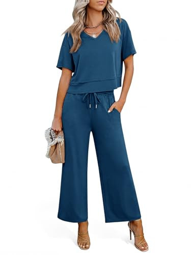 Tankaneo Womens 2 Piece Sets Casual Tracksuits Short Sleeve Tops Wide Leg Pants Outfits Lounge Sets Blue | Amazon (US)