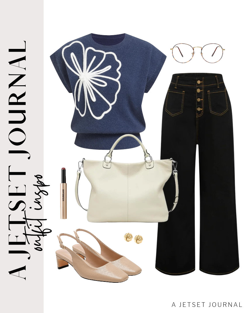 You can also pair a navy blue floral vest sweater from CIDER with Belle Poque jeans. This fit goes well with these Lizeth low-heel slingback shoes. Complete the look with love knot stud earrings and an Hourglass Phantom Blur Balm.  

 #LTKSeasonal #LTKSaleAlert #LTKTravel