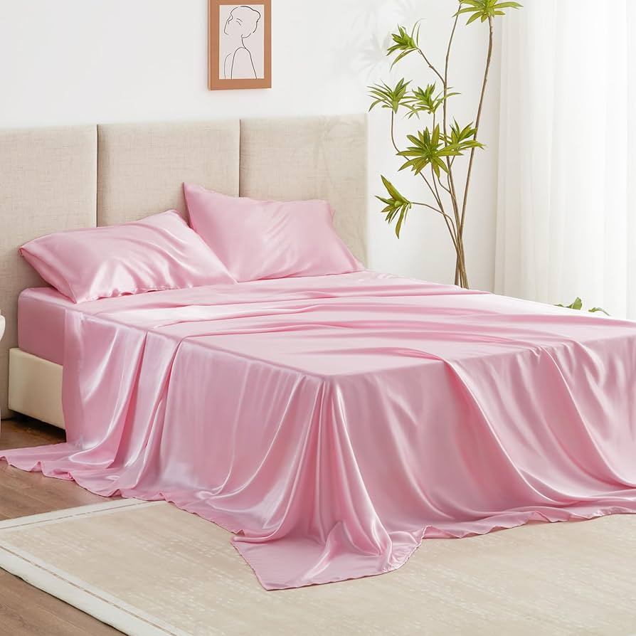 Love's cabin Satin Queen Sheets Set - 4 Piece Pink Silky Bed Sheets Set with Deep Pocket, Luxury ... | Amazon (US)