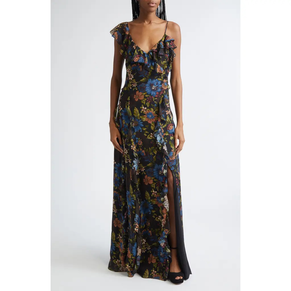 Veronica Beard Madeline Floral Print Ruffle Asymmetric Silk Gown in Black Multi at Nordstrom, Size 6 | Nordstrom