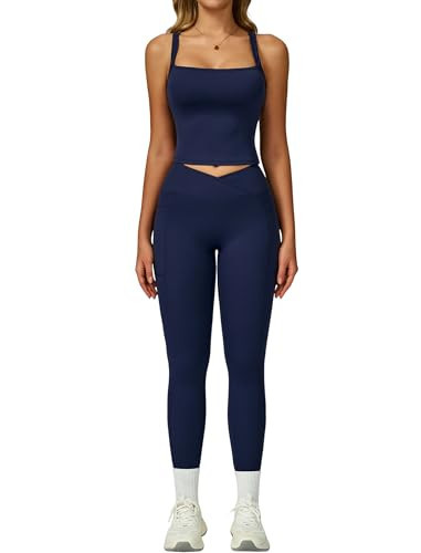 Womens Workout Sets Two Piece Spaghetti Straps Back Tank Top Matching Tummy Control High Waist Leggings Set 2 Piece For Women Gym Yoga Active Wear Outfits Athletic Work Out Set Color Block Navy Blue S | Amazon (US)