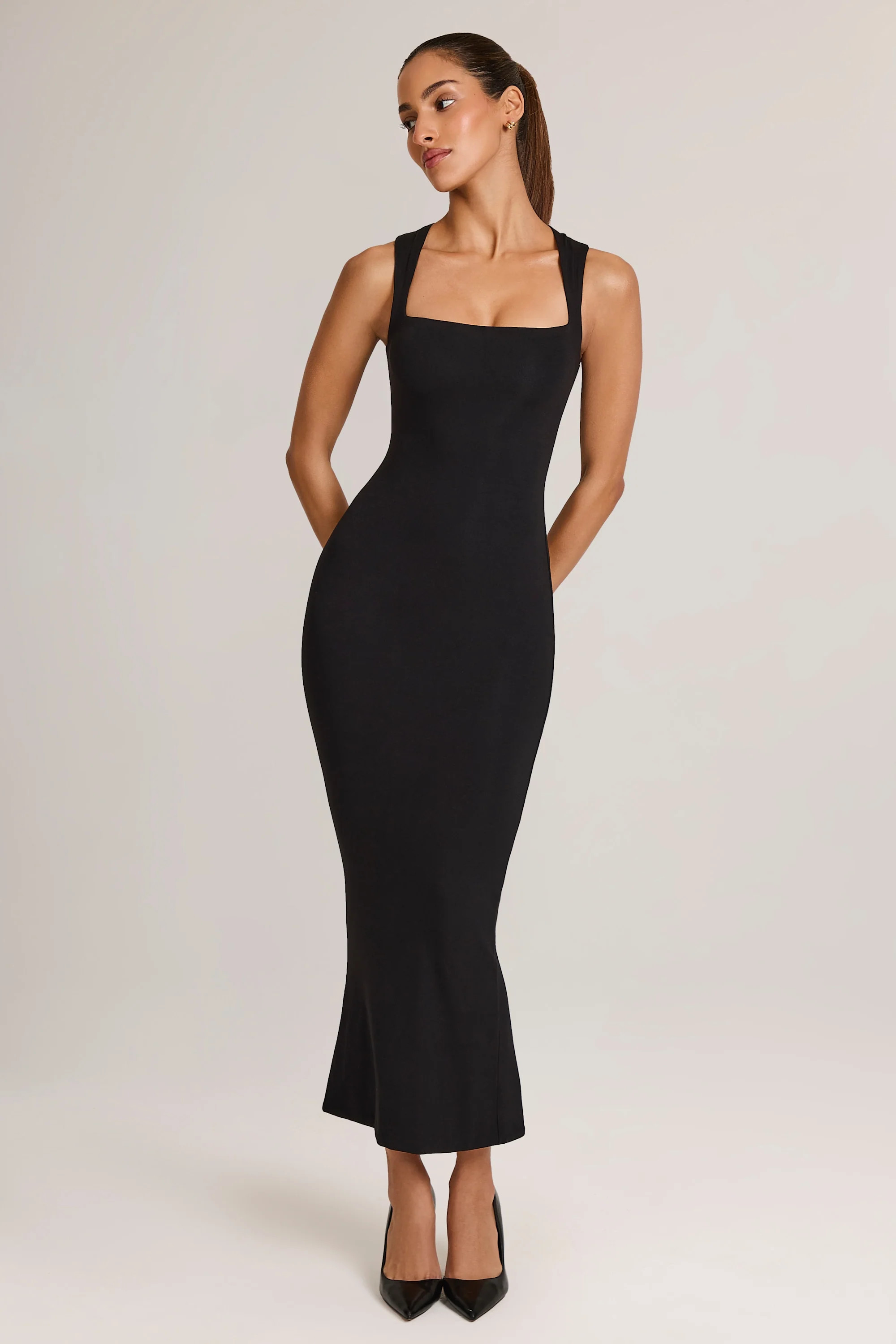 Square Neck Midi Dress in Black | Oh Polly