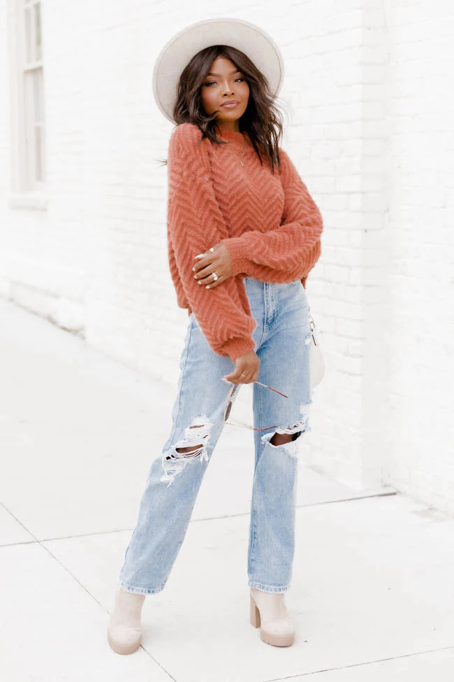 All That You Are Rust Fuzzy Herringbone Sweater | Pink Lily