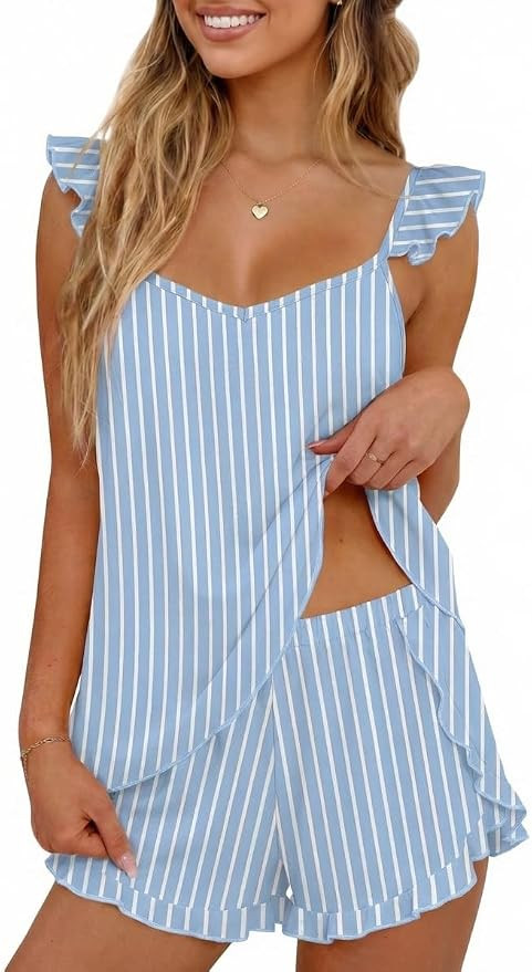 Ekouaer Pajamas for Women set 2 Piece Ruffle Tank Top Split Leg Cami Shorts | Amazon (US)