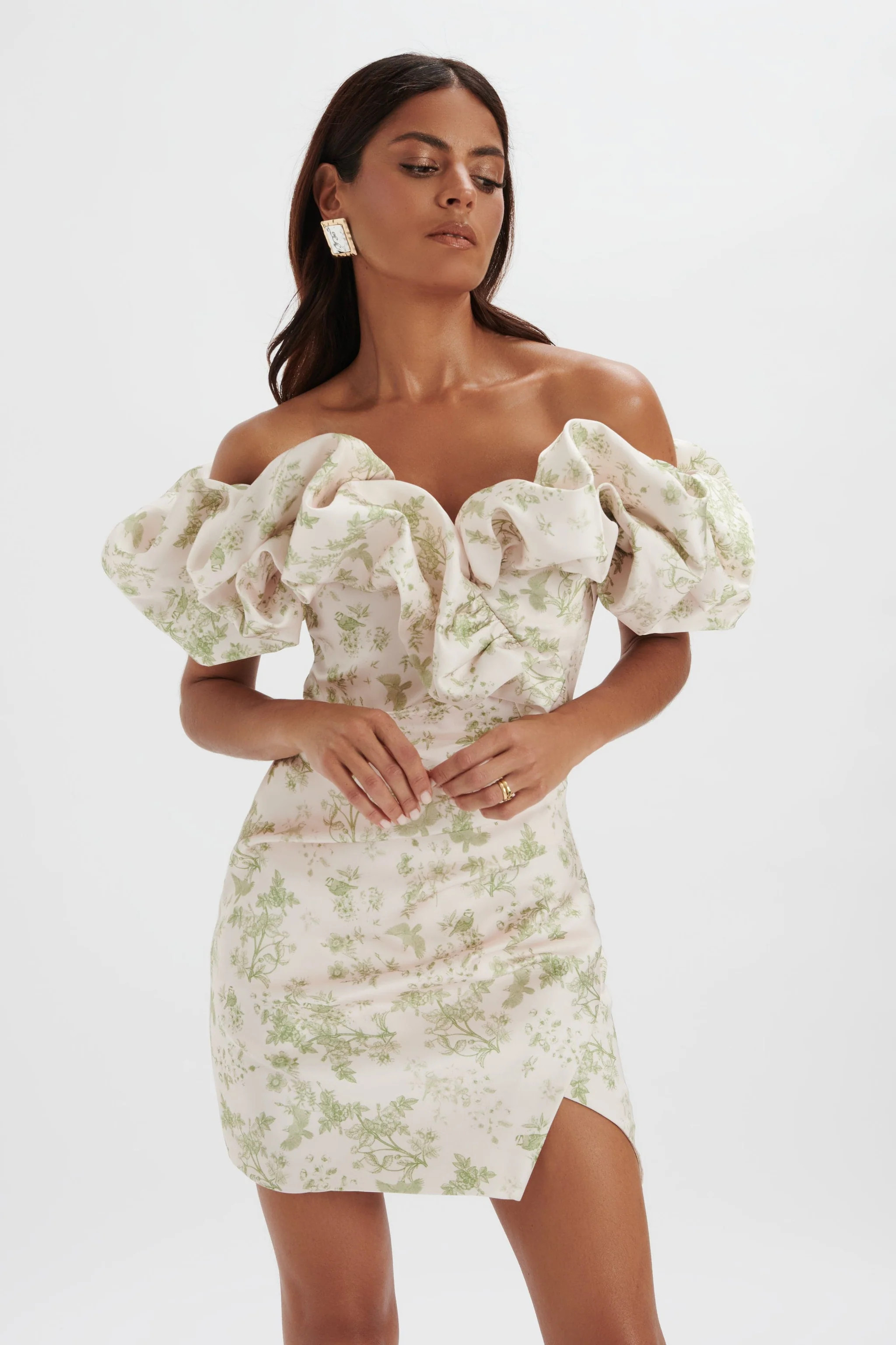 CARRIE Bonded Satin Bardot Mini Dress in Green Porcelain Print | Lavish Alice Retail Ltd