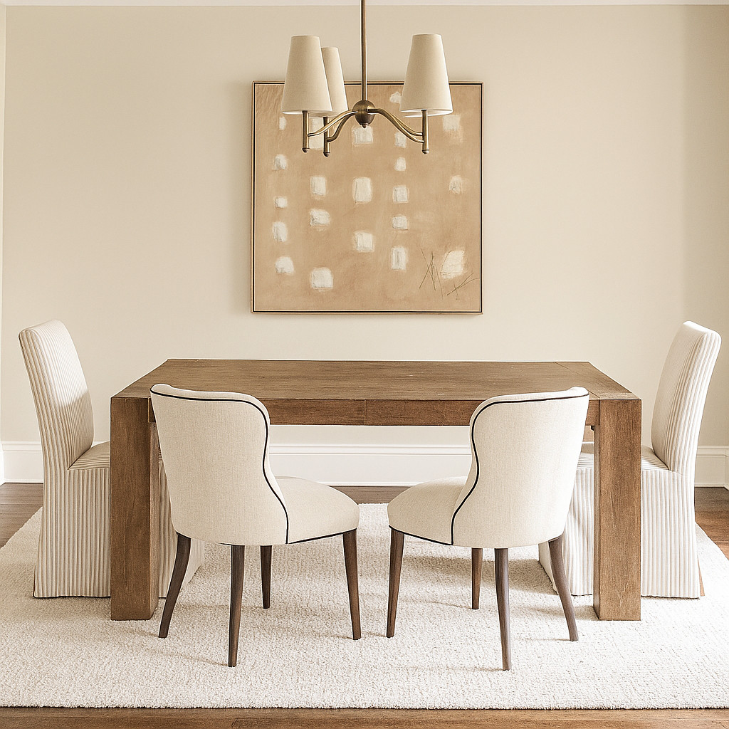 Neutral dining room inspiration 🤍
Shop this modern transitional dining room featuring a solid wood dining table, upholstered dining chairs, slipcovered end chairs, neutral area rug, abstract wall art, and a classic chandelier with soft linen shades.

Perfect for a timeless dining room, warm neutral home, family-friendly dining space, or anyone who loves elevated simplicity, organic textures, and classic modern design. All pieces are linked and shoppable ✨ 

 #LTKOver40 #LTKHome #LTKSaleAlert